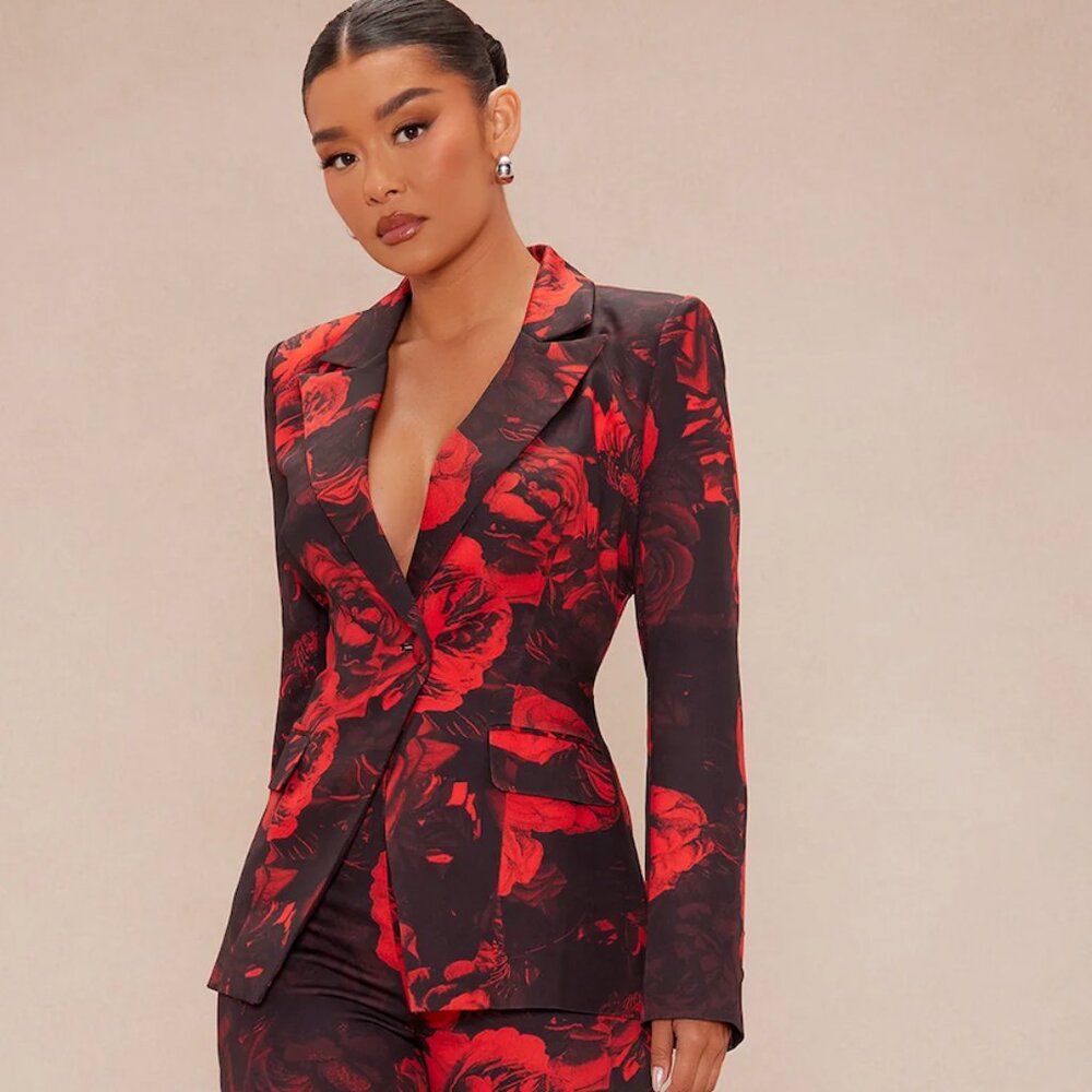 Floral Red and Black Women's Pant Suit 2 Piece
